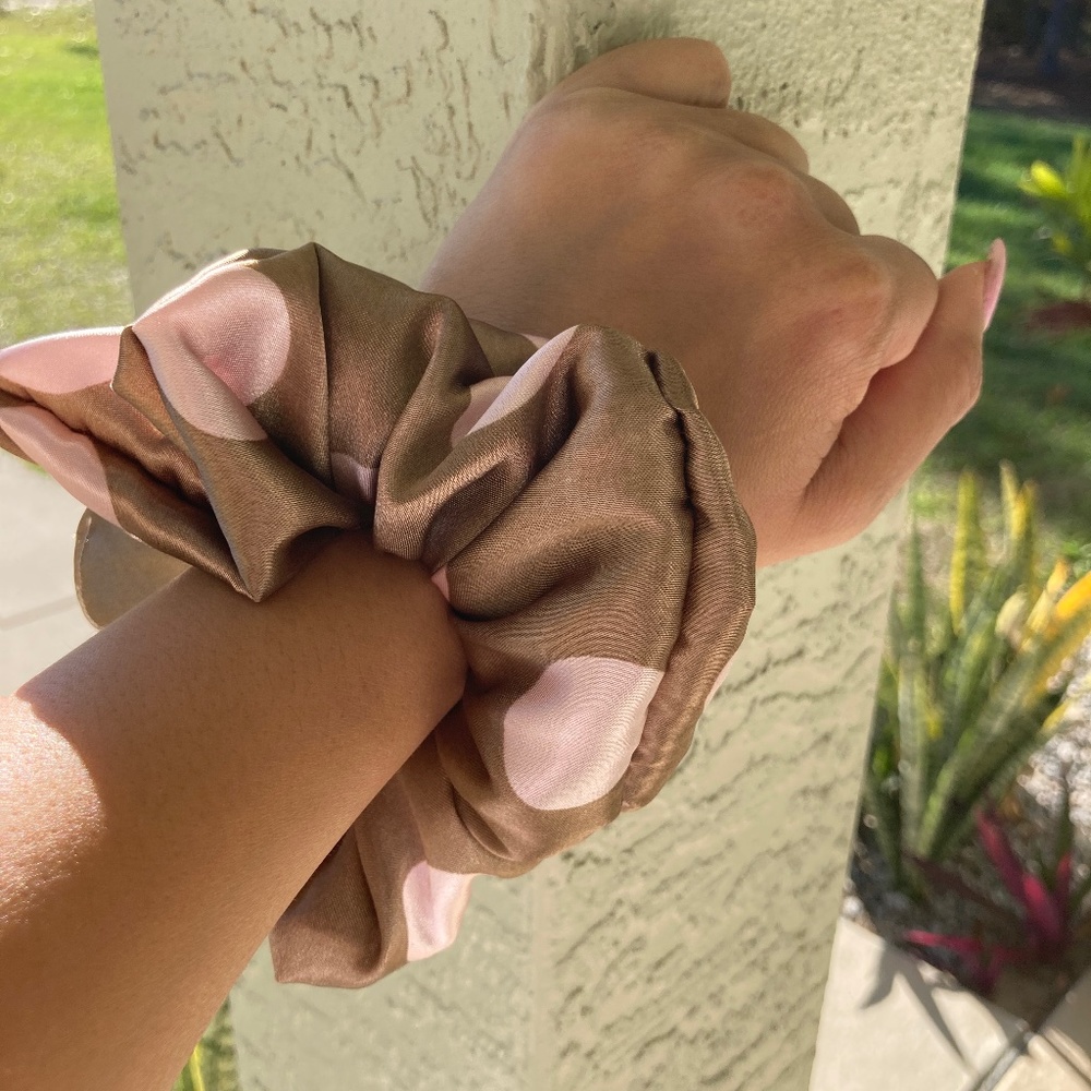 3 Satin Handmade Pink Dot Scrunchies